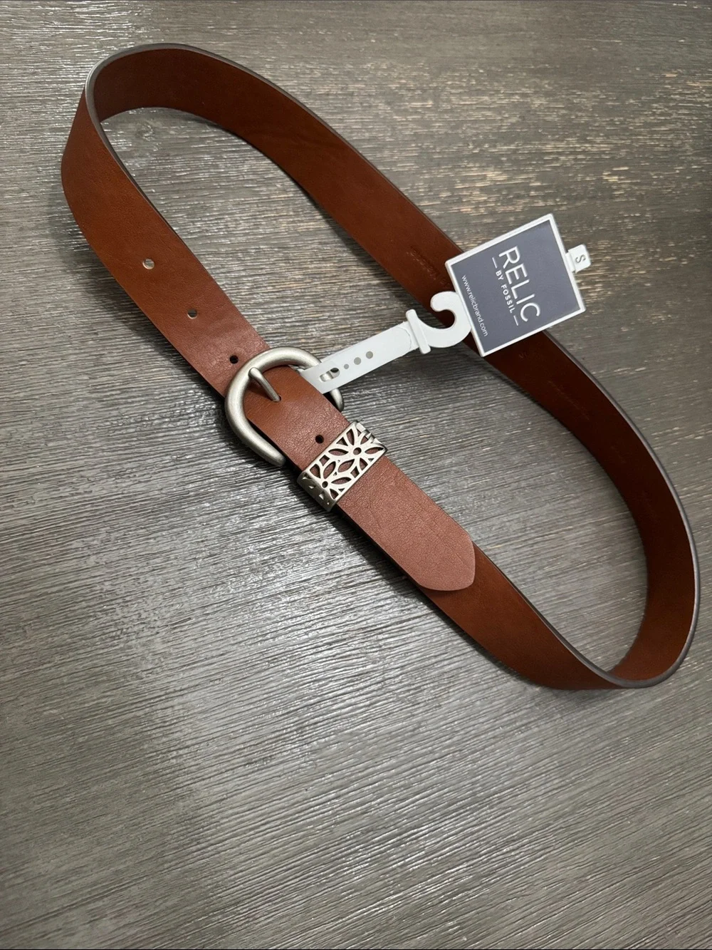 Relic By Fossil Chestnut Leather Belt with Silver Floral Slider